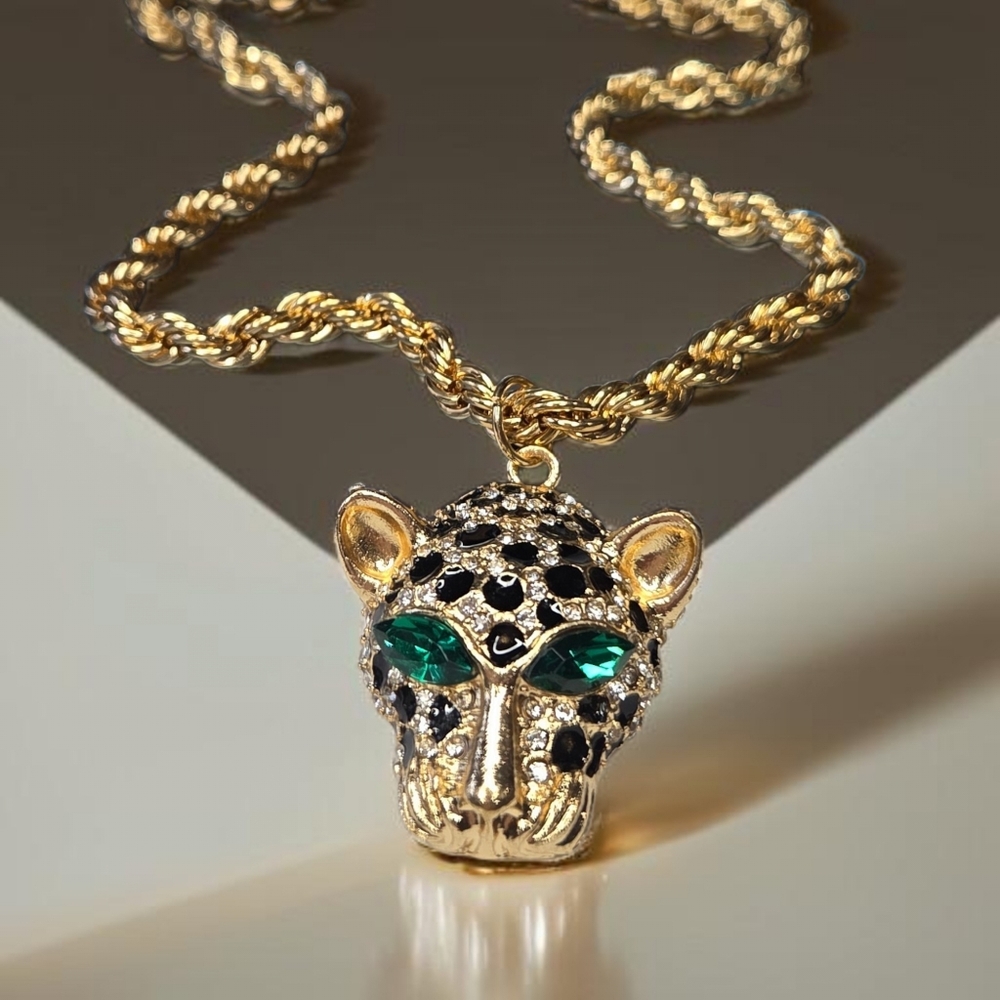18k Gold Plated Rope Chain Panther Leopard Zircon Crystal Necklace